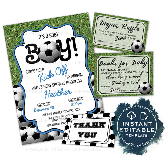 Editable Soccer Baby Shower Invitation, Kick Off Baby Boy Invite, Team Soccer Theme, Printable Thank You Diaper Raffle Books INSTANT ACCESS
