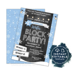 Winter Block Party Invitation, Editable Street Party Neighborhood Invite, HOA Community bbq Snow, Printable Personalized INSTANT ACCESS