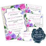 Editable Butterfly Baby Shower Invitation, Lilac Baby Girl Elegant Floral Dahlia Flower, Personalized Baby Sprinkle Printable INSTANT ACCESS