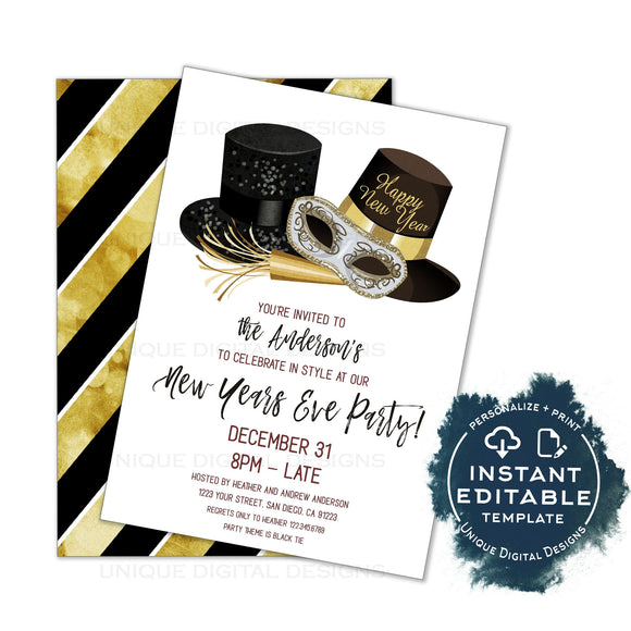 Editable New Years Eve Invitation, 2020 New Years Eve Party, Black Tie Birthday Party, Ring in Champagne, Printable Template INSTANT ACCESS