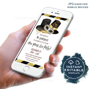 Editable New Years Eve Electronic Invitation, 2020 New Years Eve Party, Black Tie Birthday Party Digital Smart phone Template INSTANT ACCESS