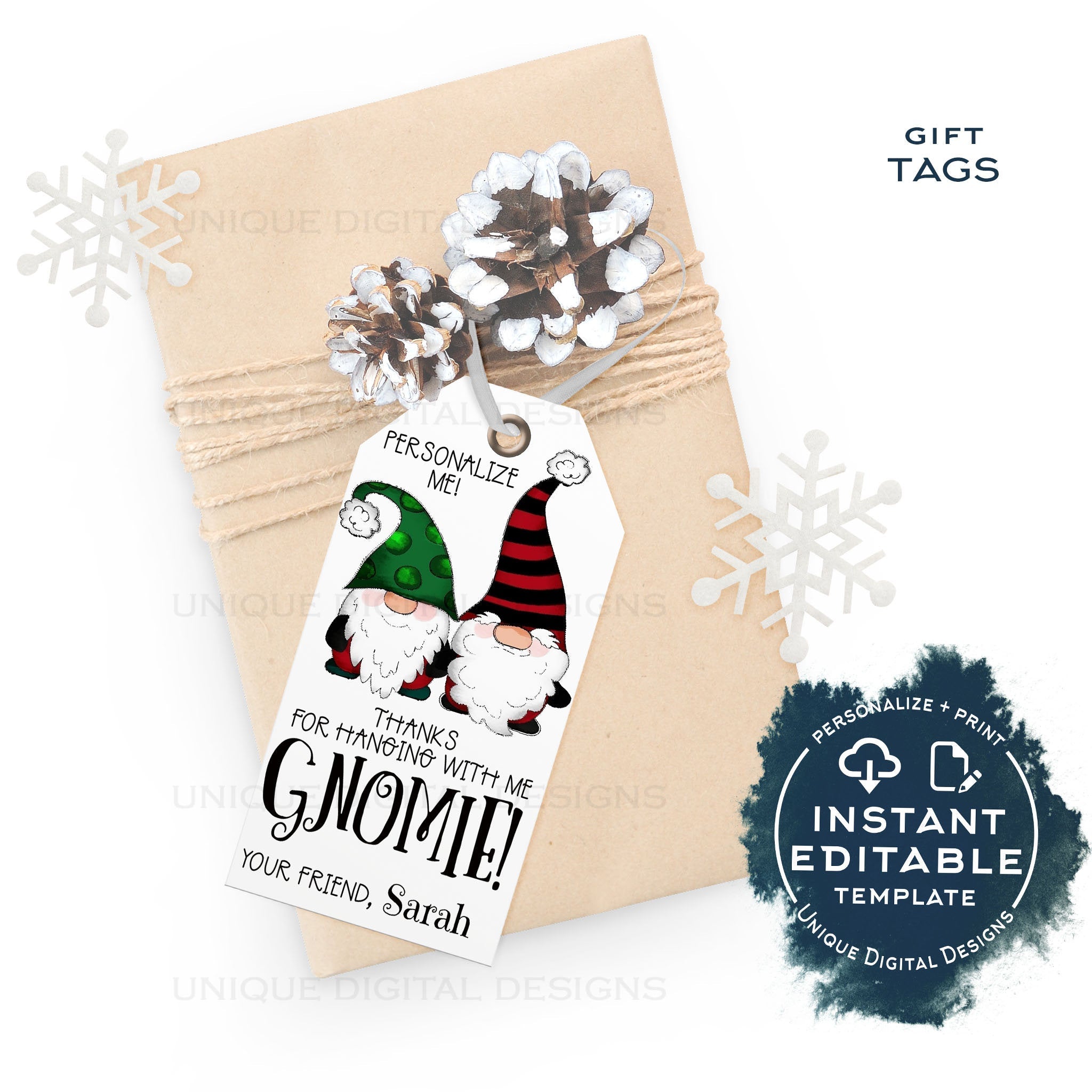 Editable Hanging with my Gnomies Christmas Gift Tags, Personalized Hol