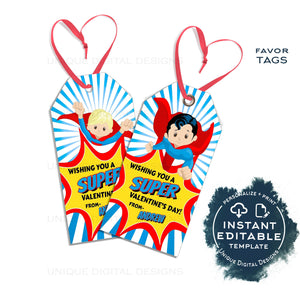 Valentine's Superhero Gift Tags, Editable Boys Super Non Candy Valentine Card Kid Class School Teacher Staff Printable Favor INSTANT ACCESS