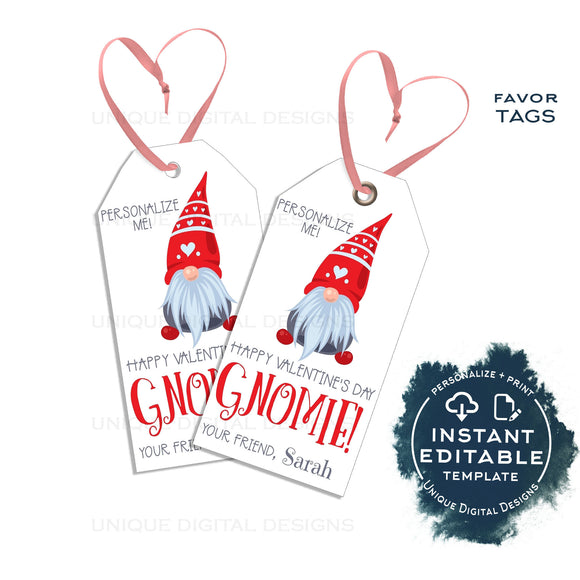 Editable Hangin' with my Gnomies Valentine's Gift Tags, Personalized Valentine Kids Gift Label, Present Printable Favor Tag