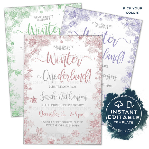 Editable Winter Onederland Invitation, First Birthday Invite Girl Winter Wonderland Party 1st Birthday Printable Personalized