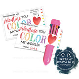 Valentine's Gift Tags, Editable You Color My World, Shuttle Pen Valentine Card,  Non Candy Kids Class School Teacher Printable Favor INSTANT