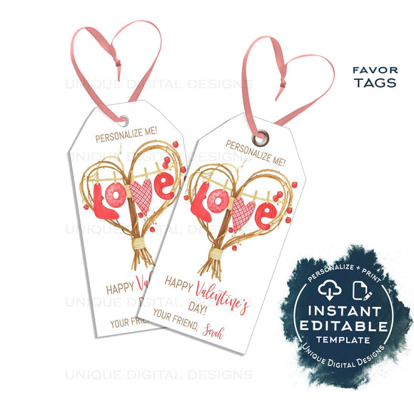 Editable Valentine's Gift Tags, Rustic School Valentines Day Card, Personalized Valentine Kid Gift Label Present Printable Favor Tag