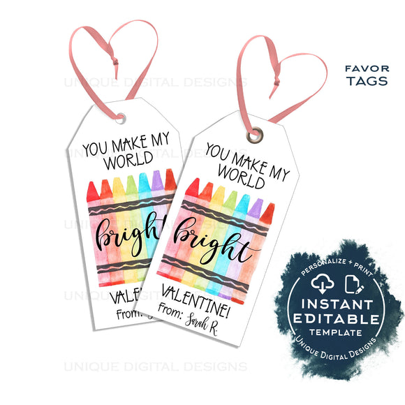 Editable Valentine's Crayon Gift Tags, Make the World Bright Non Candy Valentine Card Kid Class School Teacher Staff Printable Favor INSTANT