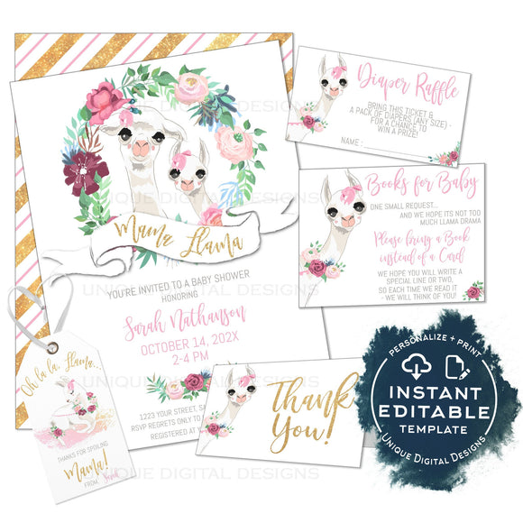 Editable Mama Llama Baby Shower Invitation Kit, Llama Llama Baby Girl Floral Watercolor, Personalized Baby Sprinkle Printable