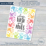 Editable Wash Your Hands Sign Printable for Kids, Personalized Classroom Decorations, Handprint