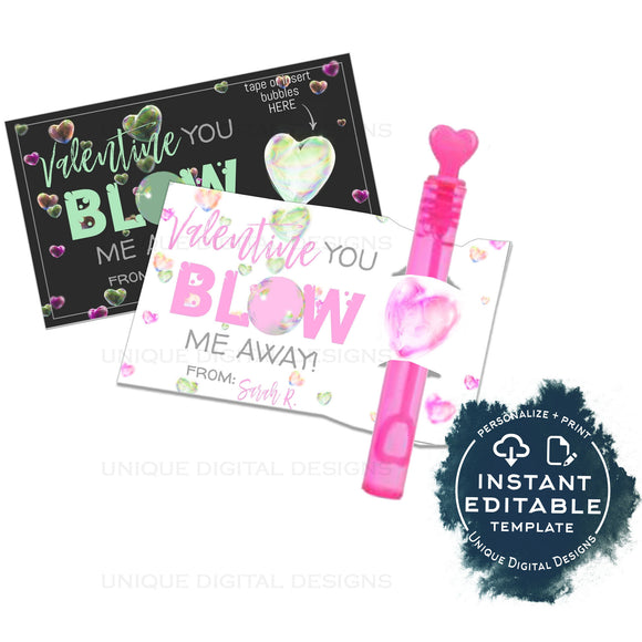 Valentine's Gift Tags, Editable You Blow Me Away, Bubbles Valentine Card, Non Candy Kids Class School Teacher Printable Favor INSTANT ACCESS