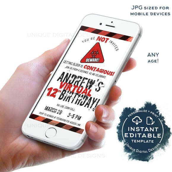 Quarantine Birthday Virtual Party Invitation, Editable Zoom Party Invite, Contagious Infected Zombie Party Electronic Digital INSTANT ACCESS