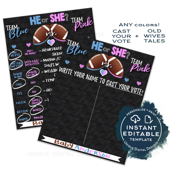 Editable Football Gender Reveal Party, Old Wives Tales Sign, Cast Your Vote Touchdown Football Chalkboard Personalized Digital Printable diy