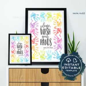 Editable Wash Your Hands Sign Printable for Kids, Personalized Classroom Decorations, Handprint