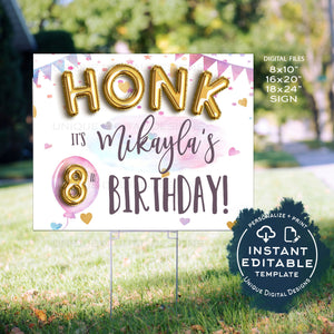 Editable Honk Birthday Yard Sign, Gold Balloons - Girl, Any Age