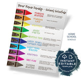 Editable Home School Daily Planner, Kids Custom Schedule Chart, Rainbow Crayons