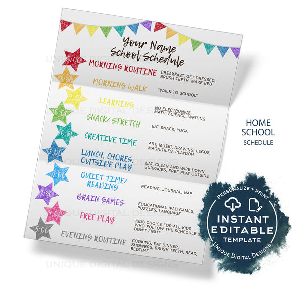Editable Home School Schedule for Kids, Daily Homeschool Planner, Rainbow Stars