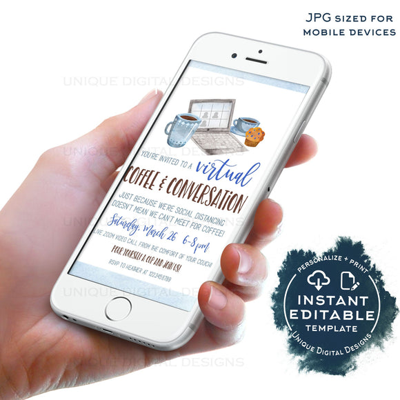 Social Distancing Virtual Coffee Date Invitation, Editable Electronic Business Networking Video call, diy Digital Smartphone Invite, INSTANT