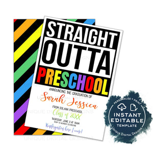 Straight Outta Preschool Graduation Announcement Card, Editable Girls Advance to Kinder Announce with Photo, Straight Out of School INSTANT