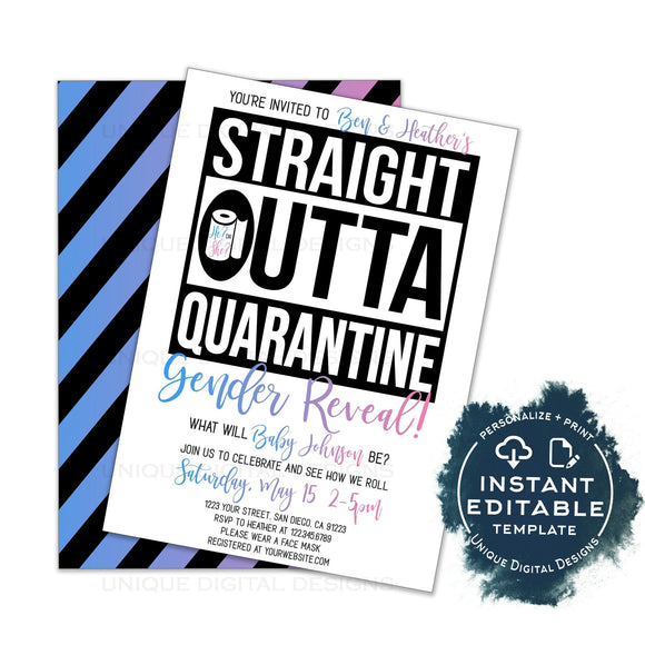 Straight Outta Quarantine Gender Reveal Party Invitation, Editable He or She Baby Shower Social Distance Invite, Out of Quarantine INSTANT