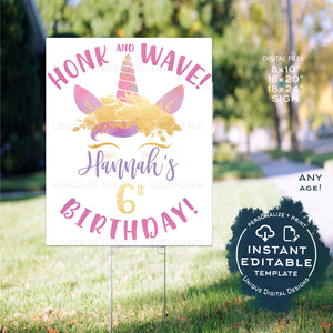 Unicorn Birthday Yard Sign, Honk and Wave Girls Editable Parade Drive By Poster, Quarantine Birthday Banner Printable Digital INSTANT ACCESS