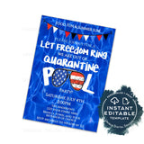 Editable Pool Party Invitation, 4th of July Red White Blue Summer Pool Invite, Freedom Quarantine party, Printable Template INSTANT ACCESS