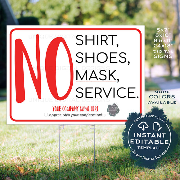Editable No Shirt, No Shoes, No Mask, No Service Poster, Social Distancing Printable Sign