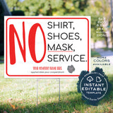 Editable No Shirt, No Shoes, No Mask, No Service Poster, Social Distancing Printable Sign