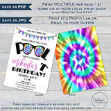 Editable Tie Dye Party Invitation, Summer Pool Party Invite, Rainbow 90s Girls Birthday