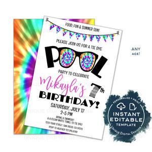 Editable Tie Dye Party Invitation, Summer Pool Party Invite, Rainbow 90s Girls Birthday