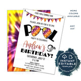 Editable Tie Dye Party Invitation, Summer Pool Party Camo 90s Boys Birthday