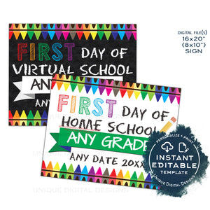 Editable First Day of Home School Sign, Virtual School Poster, Quarantined Distanced School