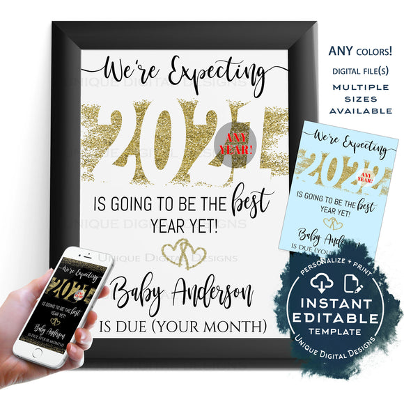 Editable New Year's Pregnancy Announcement Sign, 2021 Baby Reveal Photo Prop, New Years Eve