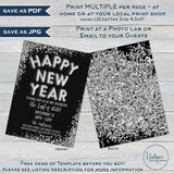 Happy New Year Invitation, Editable New Years Eve Party, Any Year - Gold or Silver Glitter