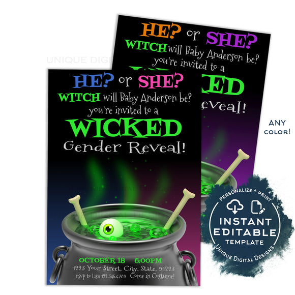 Halloween Gender Reveal Invitation, Wicked Editable Halloween Invite Witch will He or She be Costume Party Printable