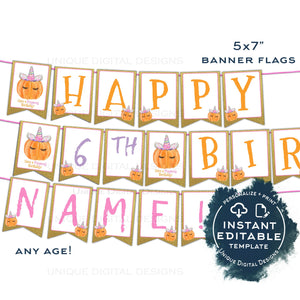 Unicorn Pumpkin Birthday Banner, Editable Bunting Flags, Girls Halloween Birthday Party