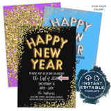 Happy New Year Invitation, Editable New Years Eve Party, Any Year - Gold or Silver Glitter