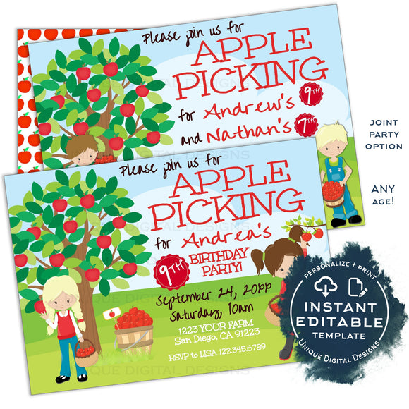 Editable Apple Picking Birthday Invitation, Fall Apple Farm Birthday Invite, Boys or Girls Siblings Apple Orchard Printable Template INSTANT