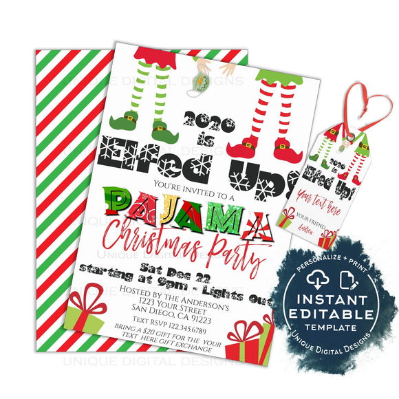 Editable Christmas Pajama Party Invitations, Adult Christmas Invite, Lets get Elfed Up 2020