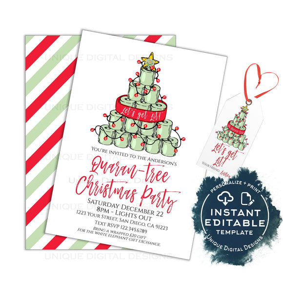 Oh Quaran-Tree getting Lit, Christmas Party Invitations, Adult Christmas Invite, Editable