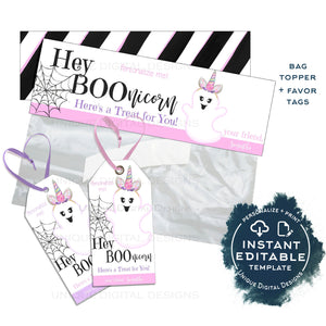 Editable Halloween Favor Tags, Hey Boo Unicorn Personalized Halloween Tags, Girls Trick or Treat Printable, Loot Bag Topper Gift diy INSTANT