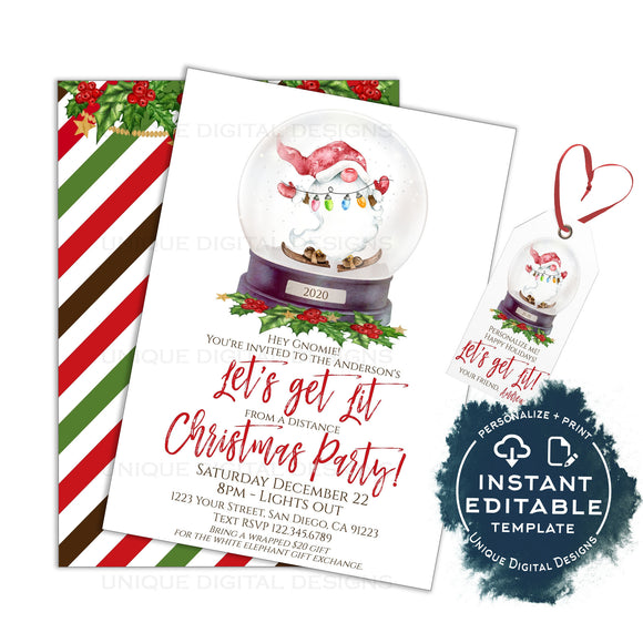 Editable Lets Get Lit, Social Distance Christmas Party Invitation Adult Christmas Invite Hey Gnomie Holiday Gnome Birthday Printable INSTANT