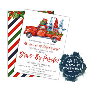 Editable Holiday Drive by Invitation, Neighborhood Christmas Invite, Year we All Stayed Gnome Block Party, Toy Drive Fundraiser Gift INSTANT