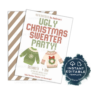 Editable Ugly Christmas Sweater Party Invitations, Adult Tacky Christmas Sweater Invite Couple Lets get Ugly Funny Holiday Printable INSTANT