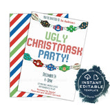 Editable Ugly Christmask Party Invitations, 2020 Tacky Christmas Sweater Invite, Adult Couple Lets get Ugly Funny Holiday Printable INSTANT