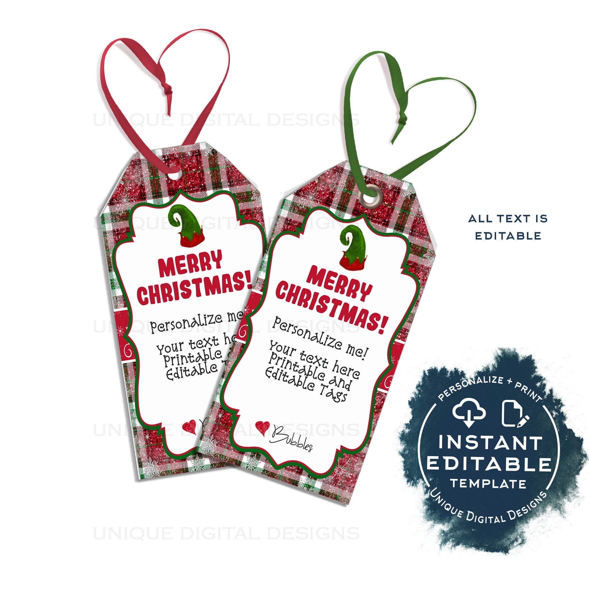 Editable Printable Christmas Tags, Personalized Holiday Tags, Plaid Ki