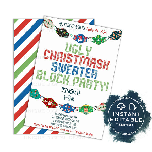 Editable Ugly Christmask Block Party Invitations, 2020 Tacky Christmas Sweater Invite, HOA Neighborhood Park Party Holiday Printable INSTANT