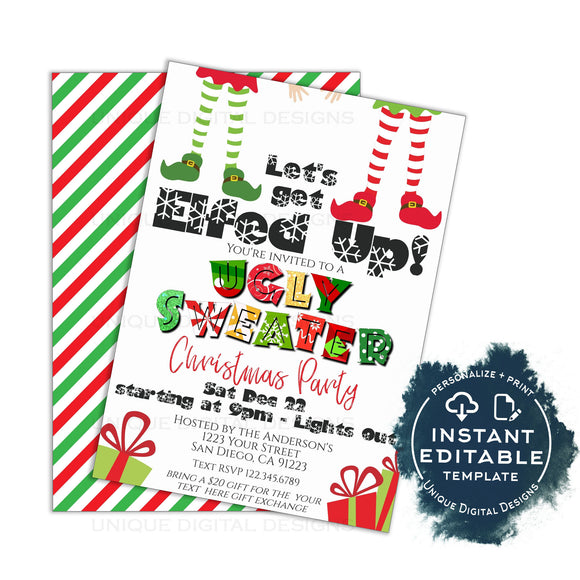 Editable Ugly Christmas Sweater Party Invitations, Adult Christmas Invite, Lets get Elfed Up, Let's get Lit Pajama Holiday Printable INSTANT