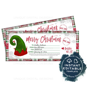 Editable Gift Certificate from Elf, Christmas Printable Gift Voucher, Nice List Gift Card from Santa, Last Minute Stocking Stuffer, INSTANT