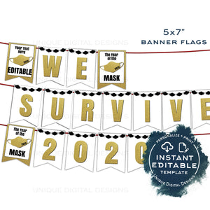 Editable New Years Banner Decorations, 2021 New Years Eve Celebration Decor Bunting Flags We Survived 2020 Printable Template INSTANT ACCESS